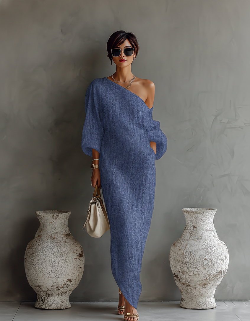 Rebecca | Vestido Fluido Color Marfil con Hombro Descubierto