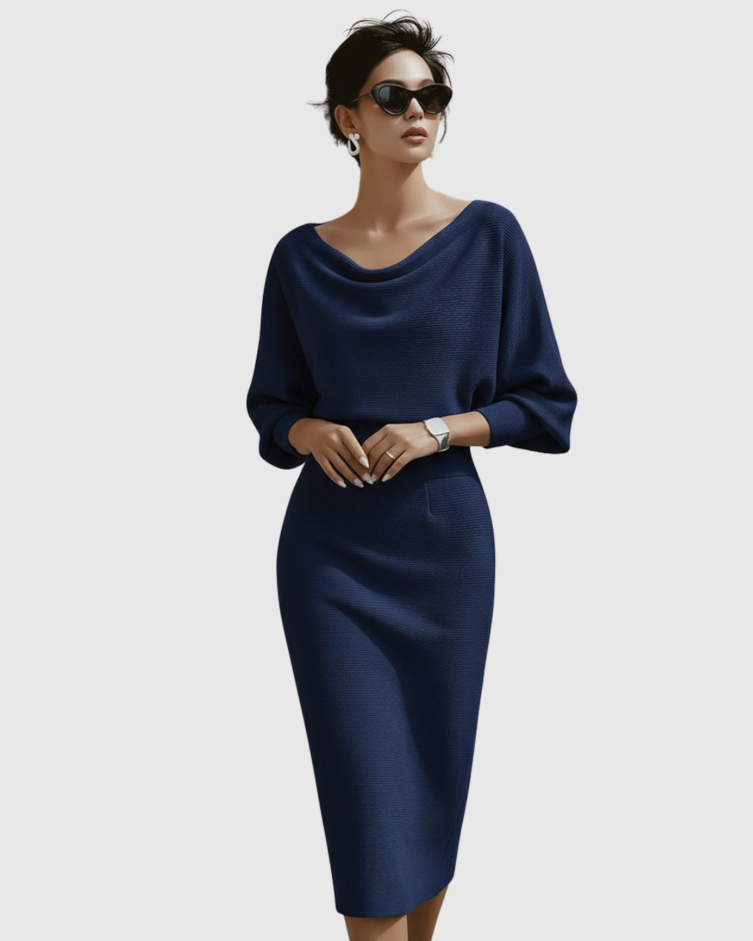 Matilde | Vestido Midi Drapeado con Mangas Murciélago
