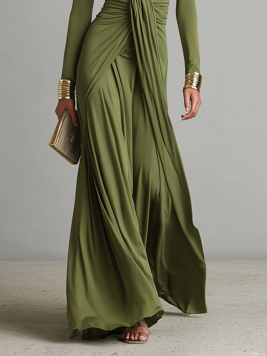 Vittoria | Vestido Largo de Seda Verde Oliva con Escote en V Profundo