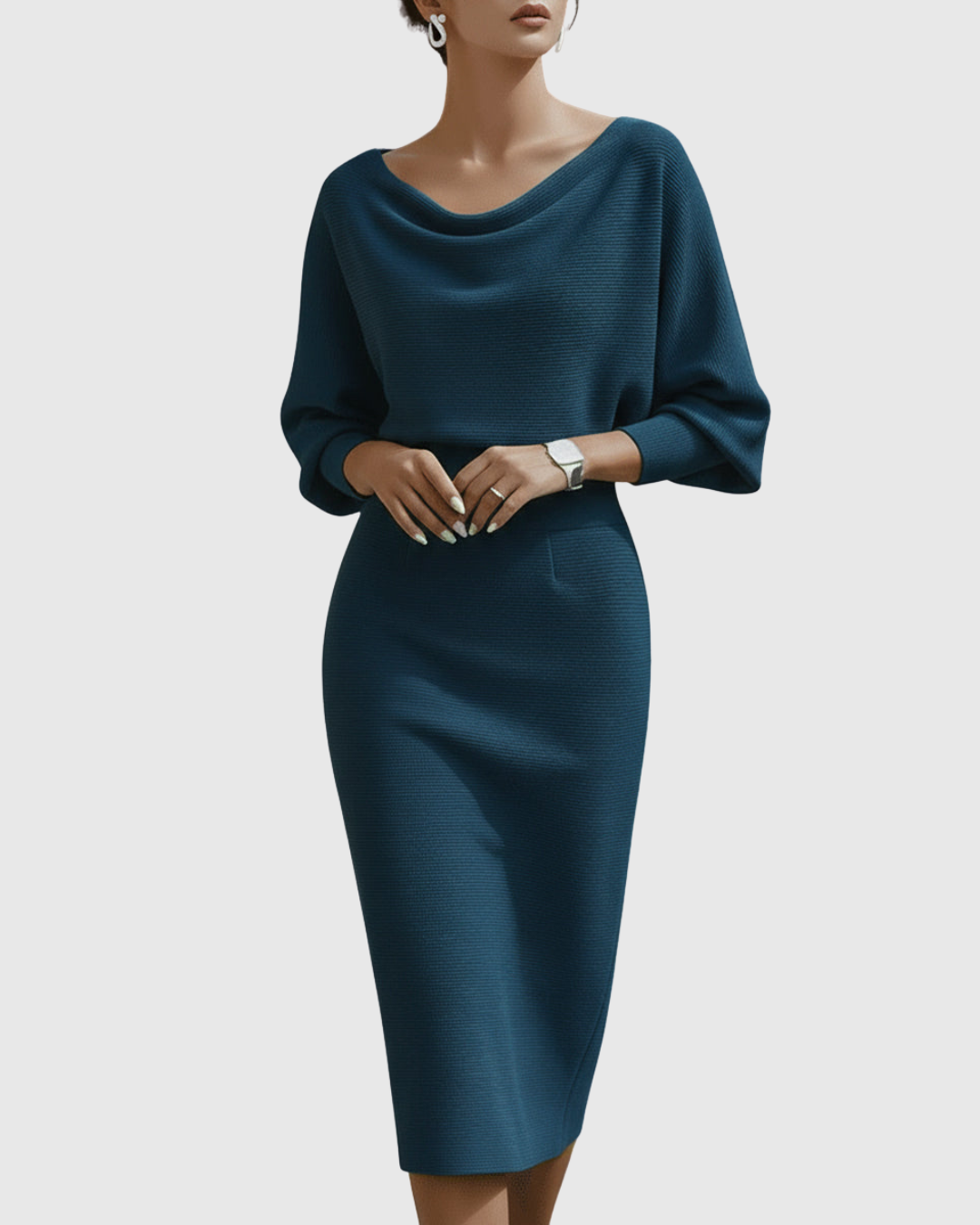 Matilde | Vestido Midi Drapeado con Mangas Murciélago