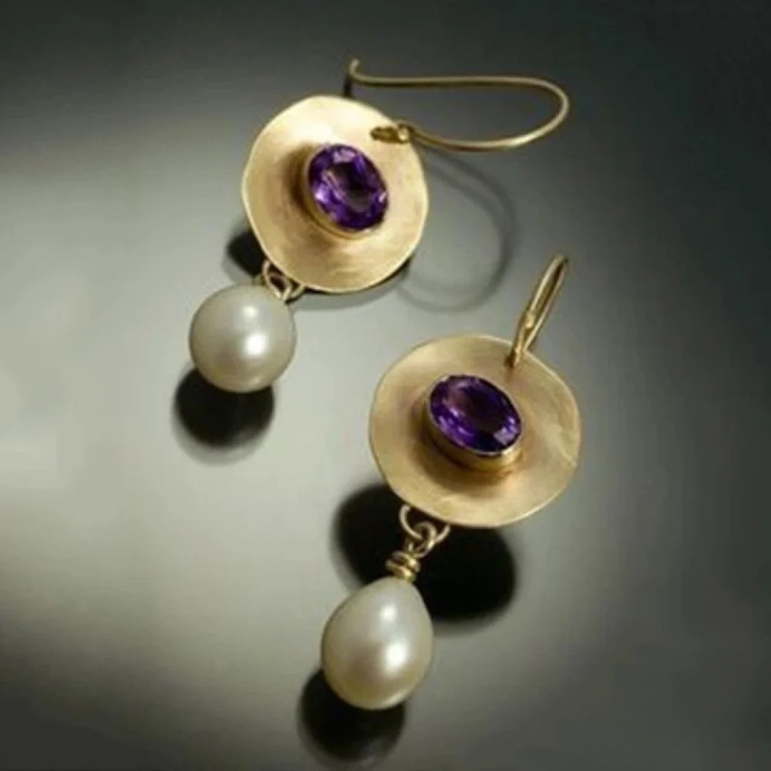 Pendientes Oro Zirconios Violeta y Perla