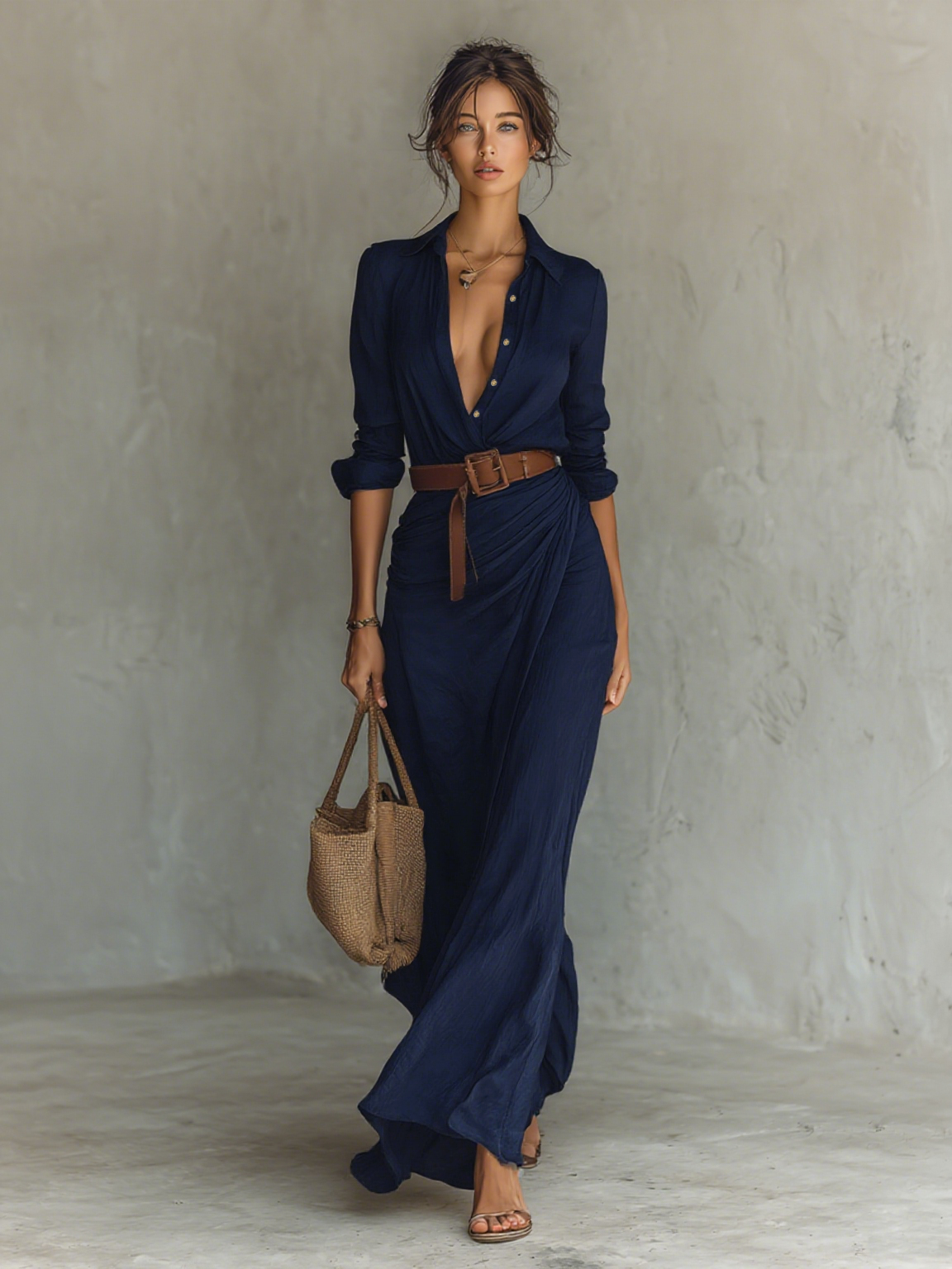 Federica | Vestido Largo con Cuello de Solapa, Manga Larga y Cinturón