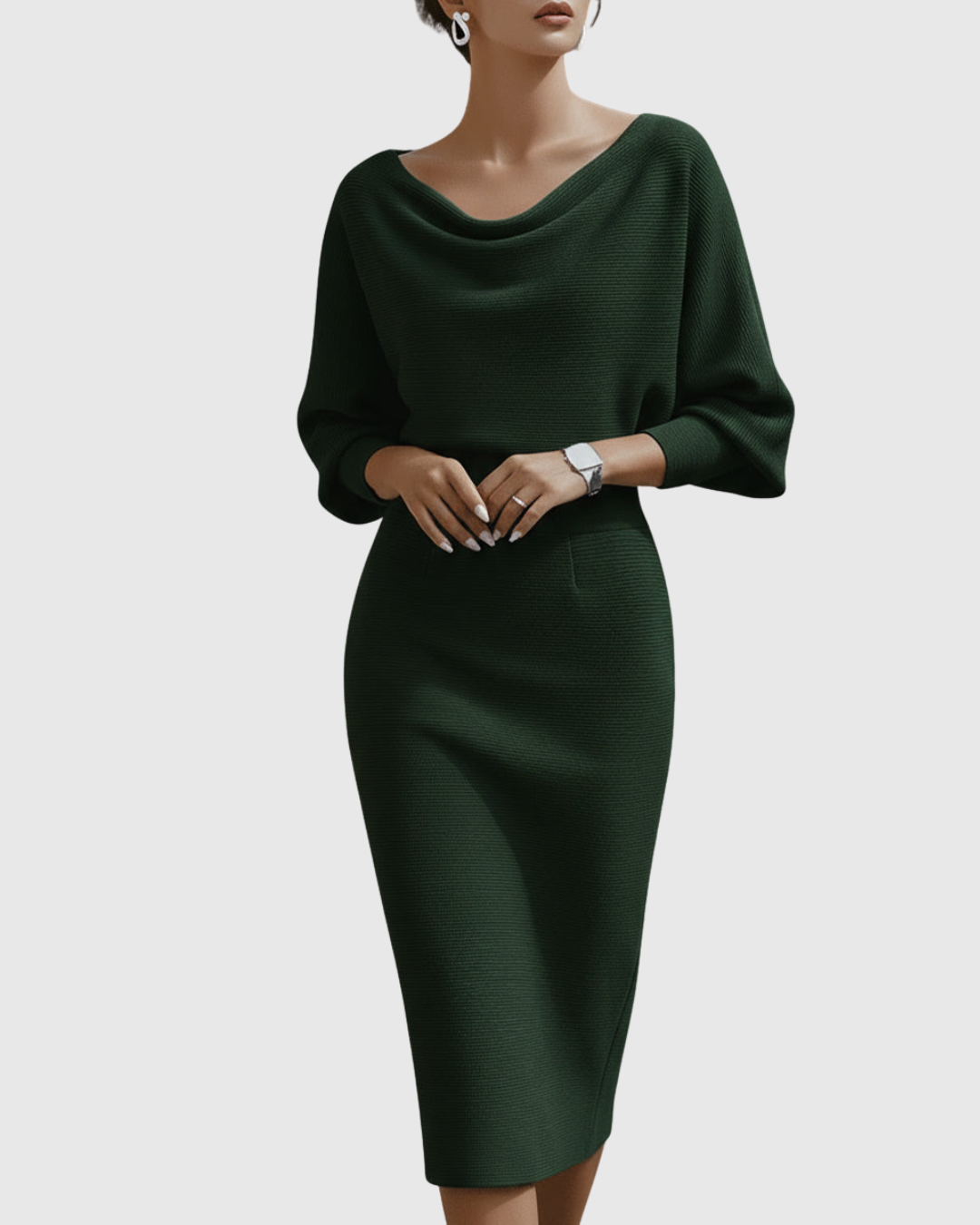 Matilde | Vestido Midi Drapeado con Mangas Murciélago