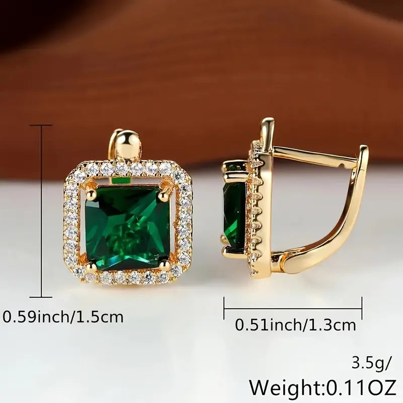 Pendientes Circonita Cuadrada Verde Oro