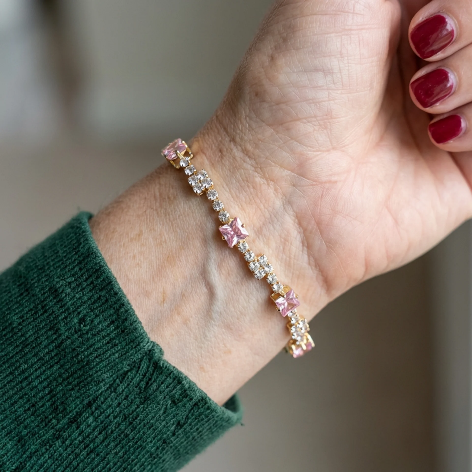 Pulsera Tenis Rosa Suave Cuadrada