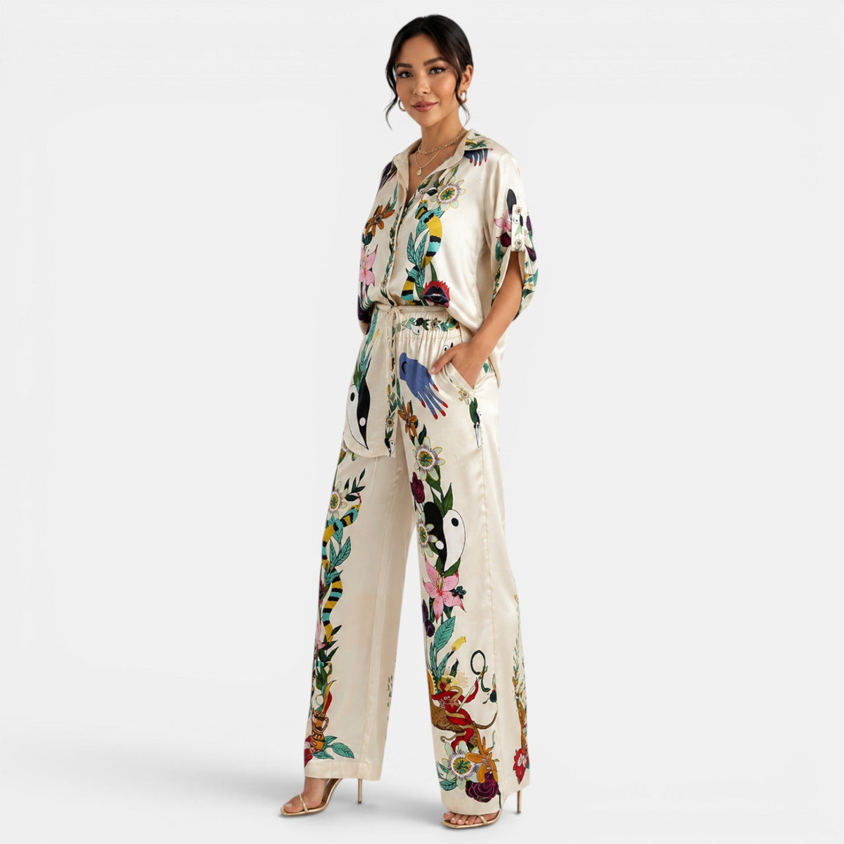 Conjunto Satinado Beige Estampado Mujer