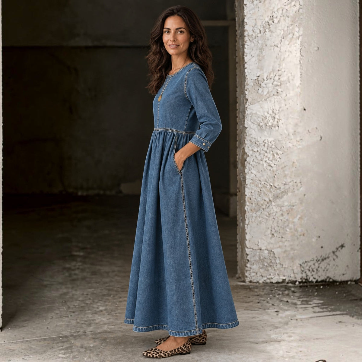 Vestido Vaquero Largo Mujer Manga Larga