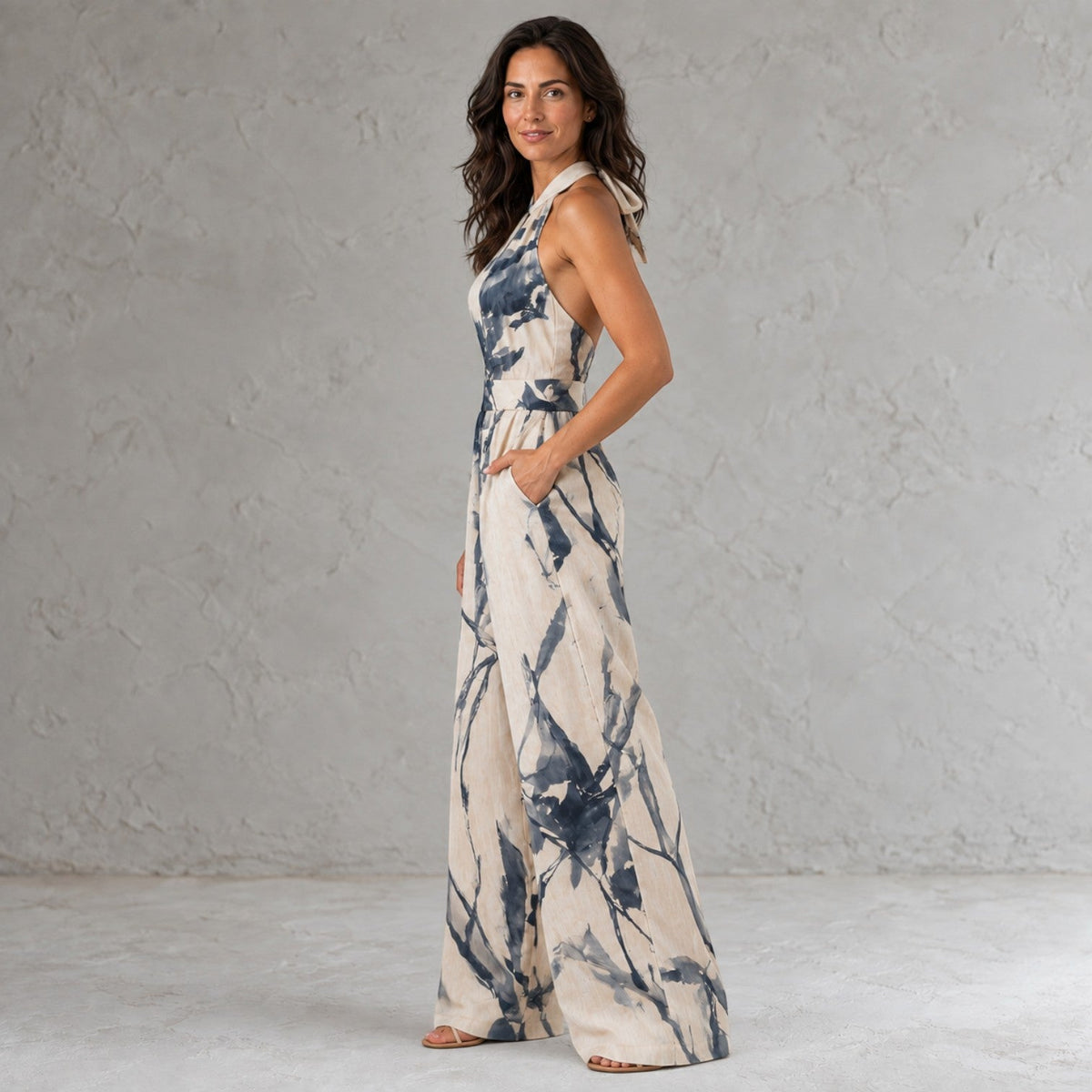 Mono Mujer Beige Pierna Ancha Halter