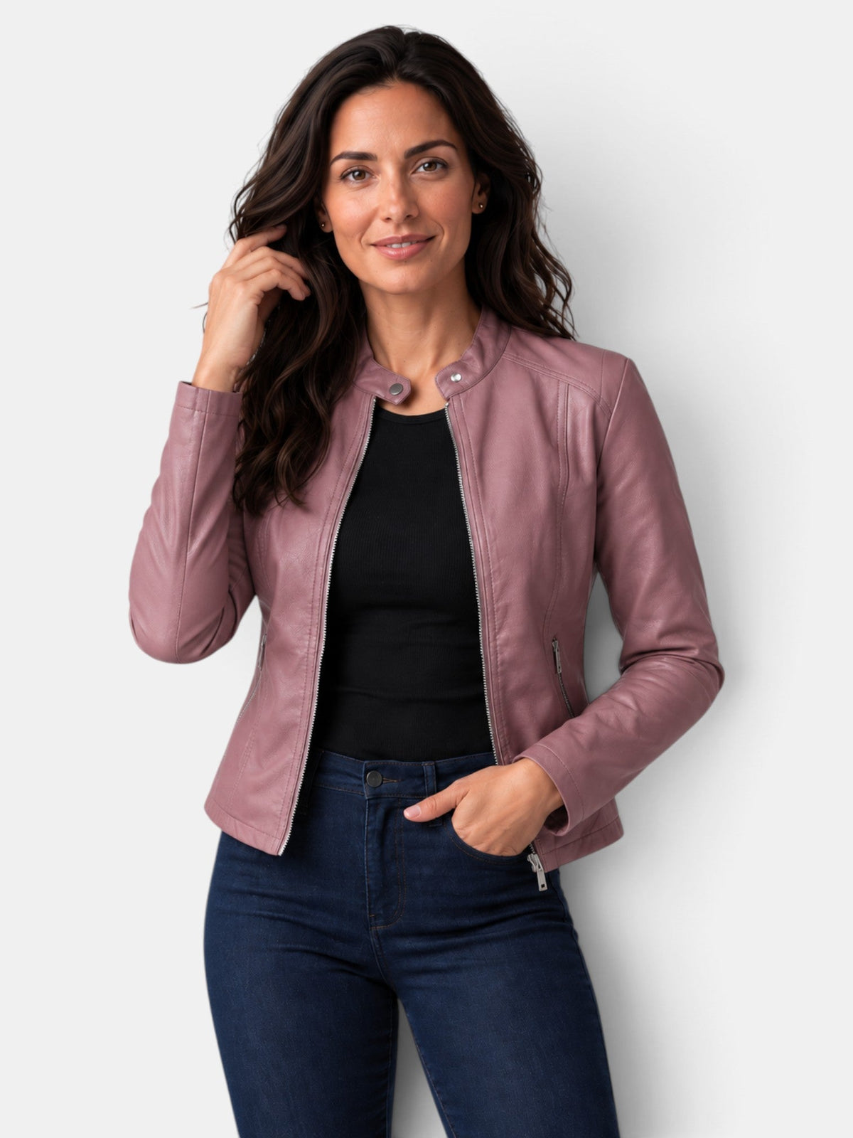 Chaqueta de Piel para Mujer con Cuello Mao y Cremallera