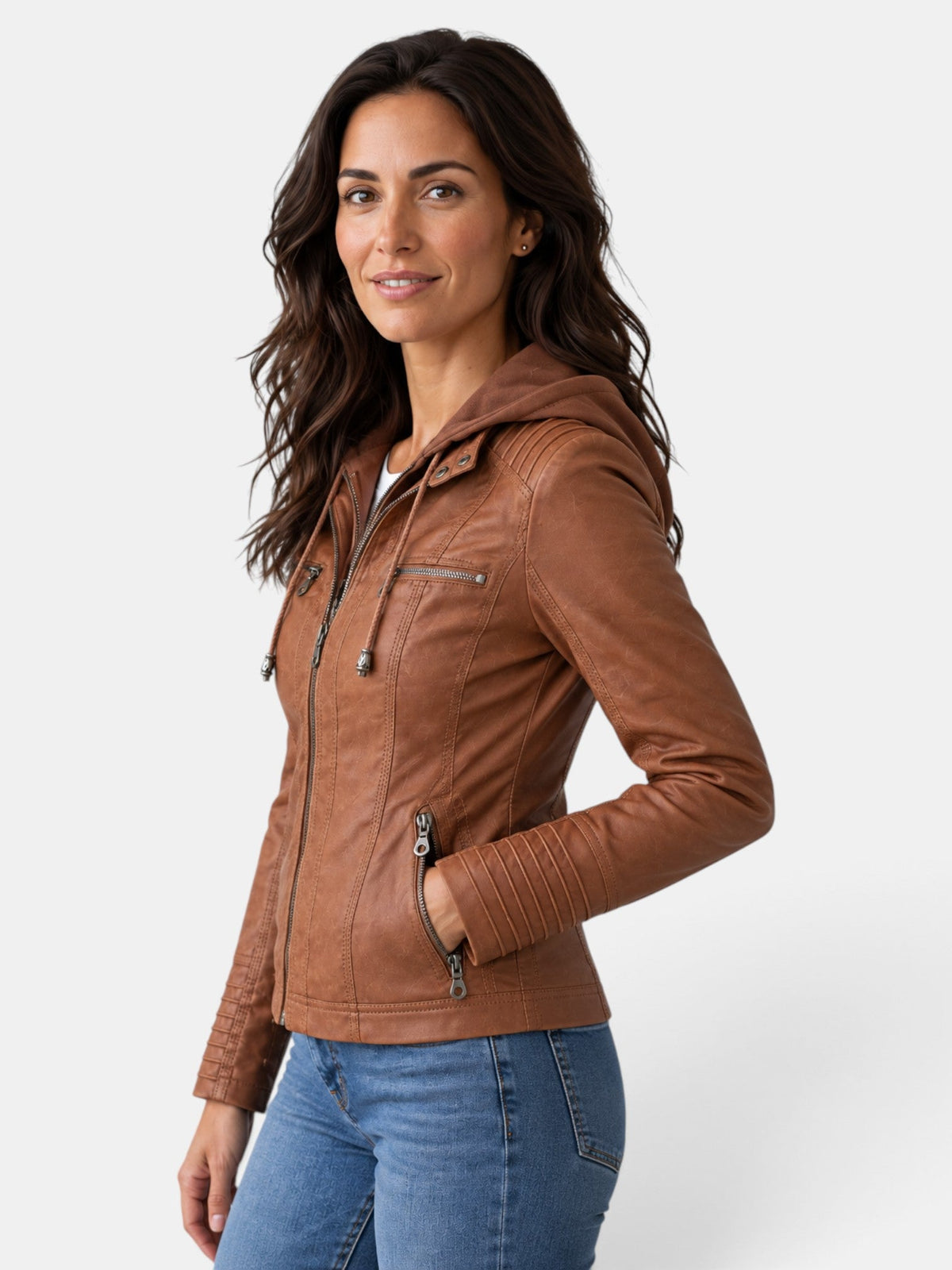 Chaqueta Impermeable de Polipiel para Mujer con Capucha