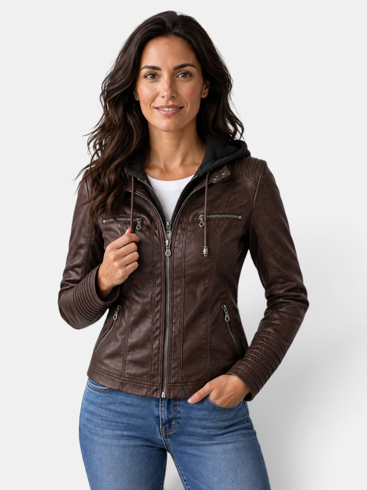 Chaqueta Impermeable de Polipiel para Mujer con Capucha