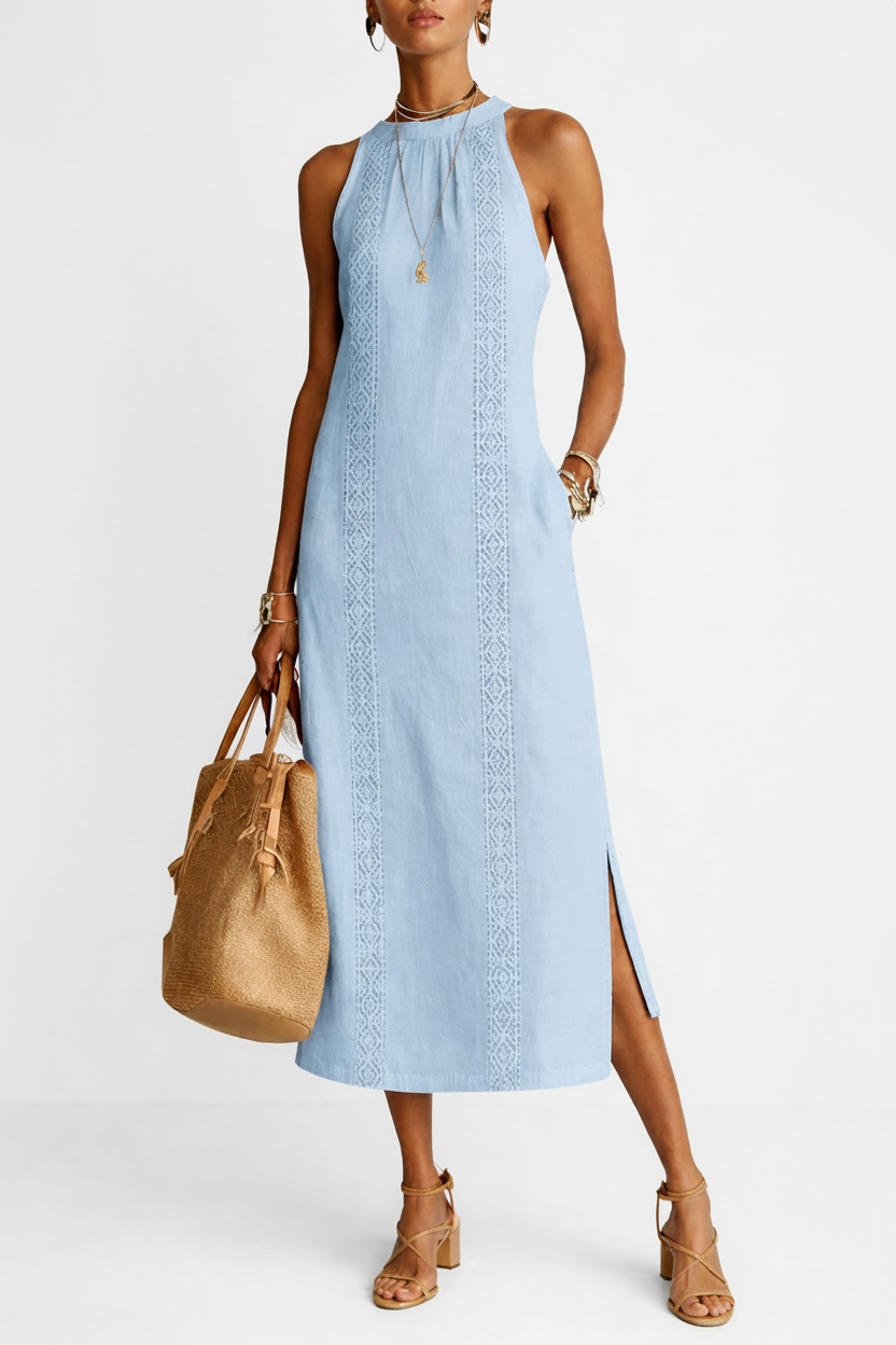 Greta | Vestido Midi sin Mangas con Detalles de Encaje