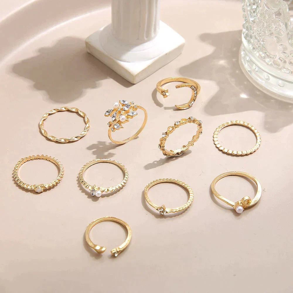 Set de 10 Anillos Bohemios Plata y Oro