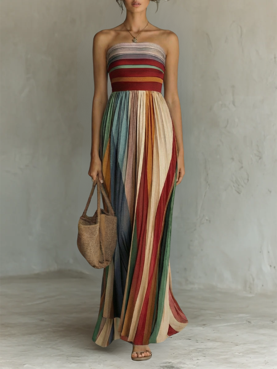 Emma | Vestido Largo de Lino con Paneles de Color y Cuerpo Palabra de Honor