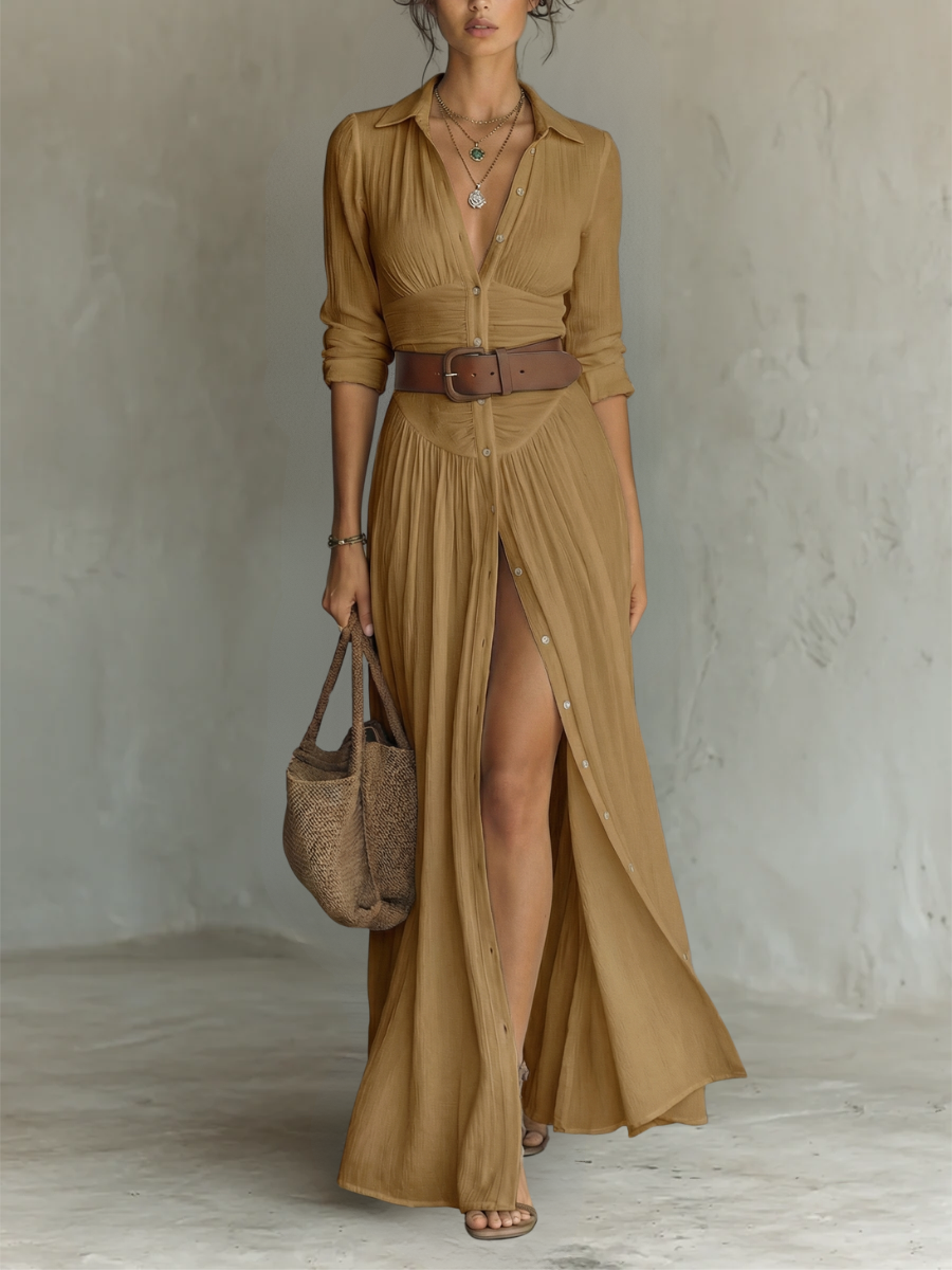 Cecilia | Vestido Largo de Lino con Cuello de Solapa y Manga Larga