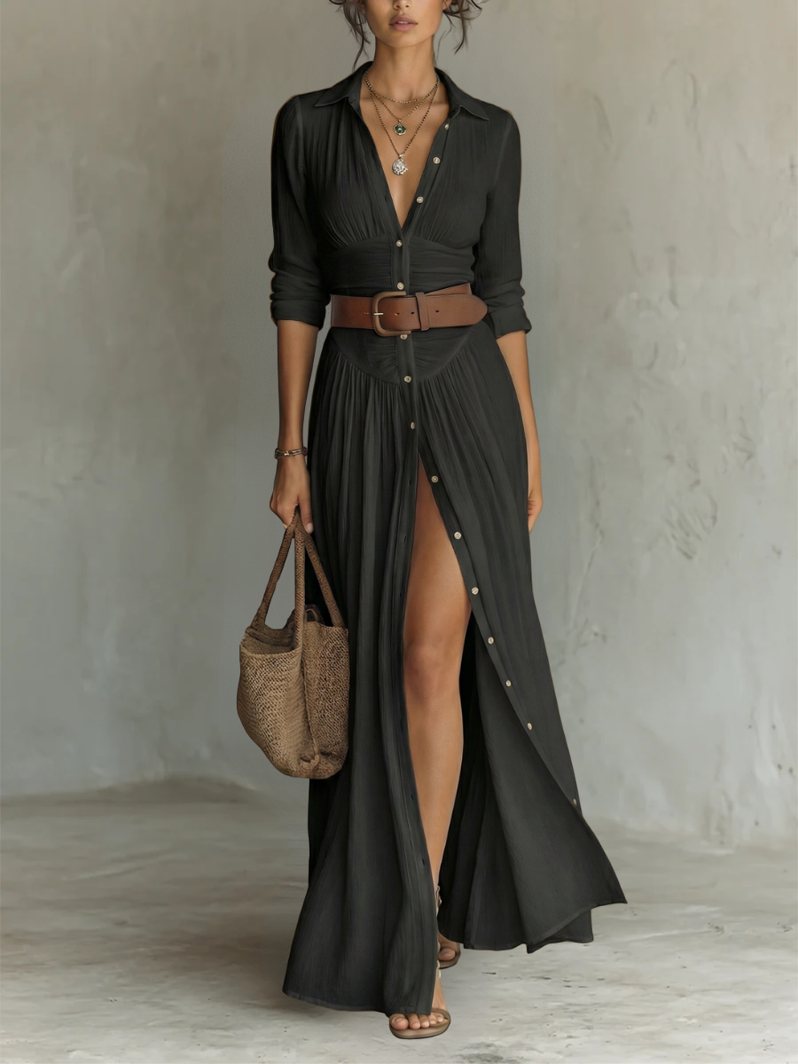 Cecilia | Vestido Largo de Lino con Cuello de Solapa y Manga Larga