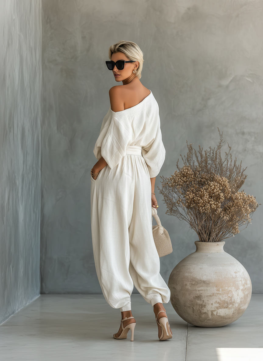 Paola | Conjunto de Lino con Hombros Descubiertos y Pantalón Tapered