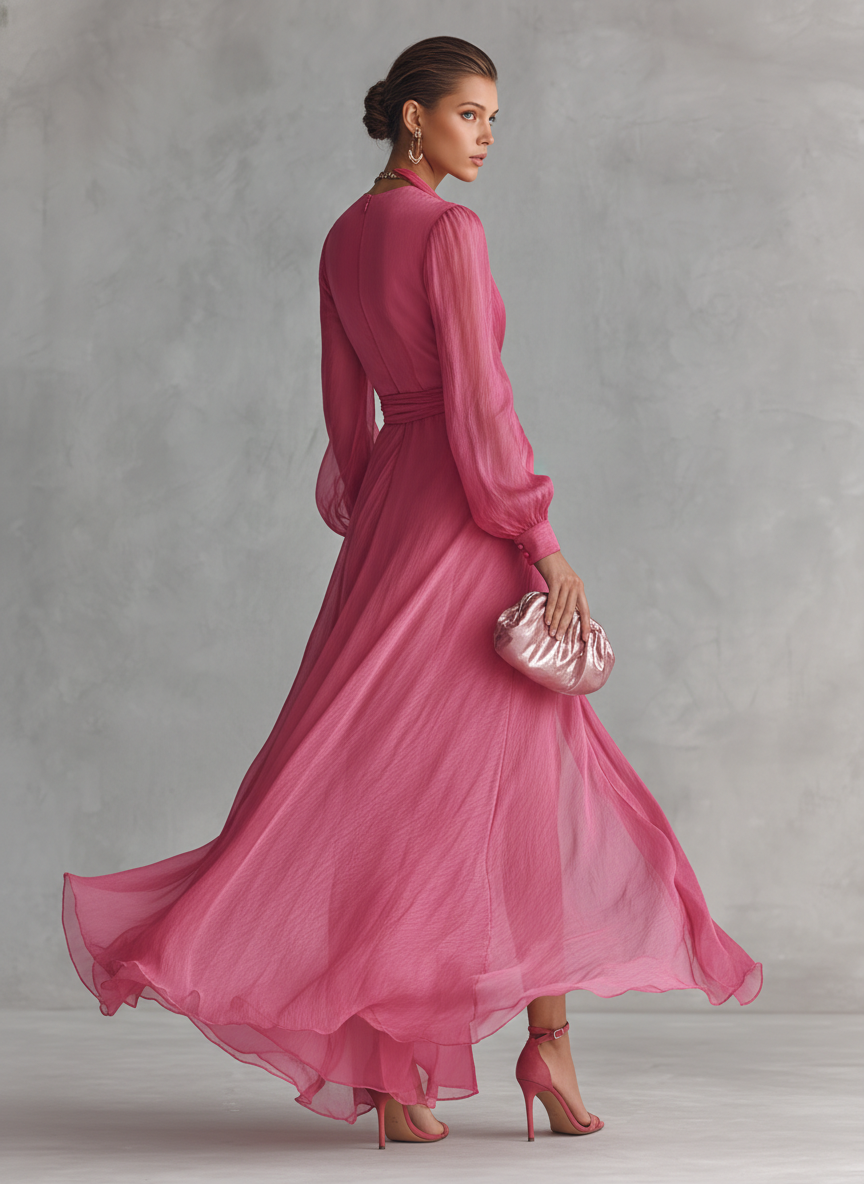 Noemi | Vestido Largo de Gasa con Pedrería y Escote en V