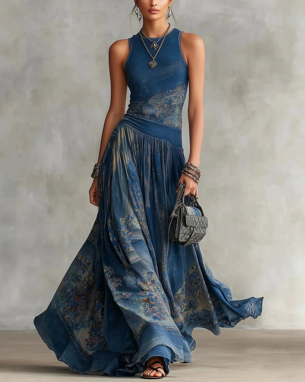 Silvia | Vestido Largo Boho con Estampado Azteca y Falda Evasé