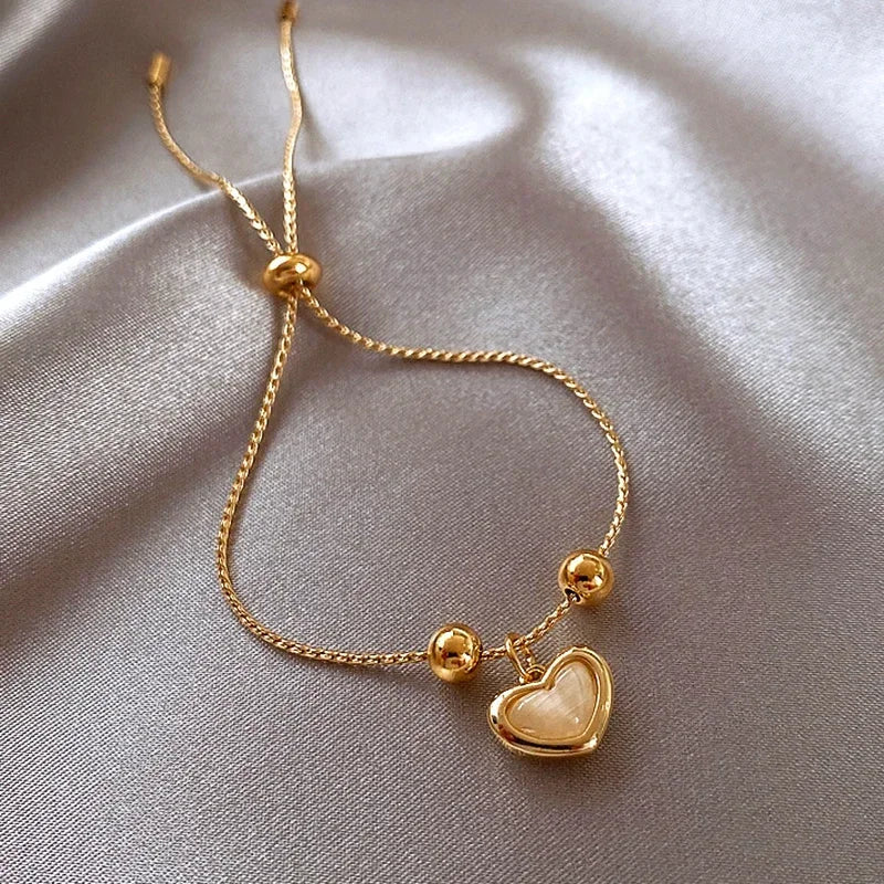 Pulsera Corazón Ópalo Melocotón Chapada en Oro