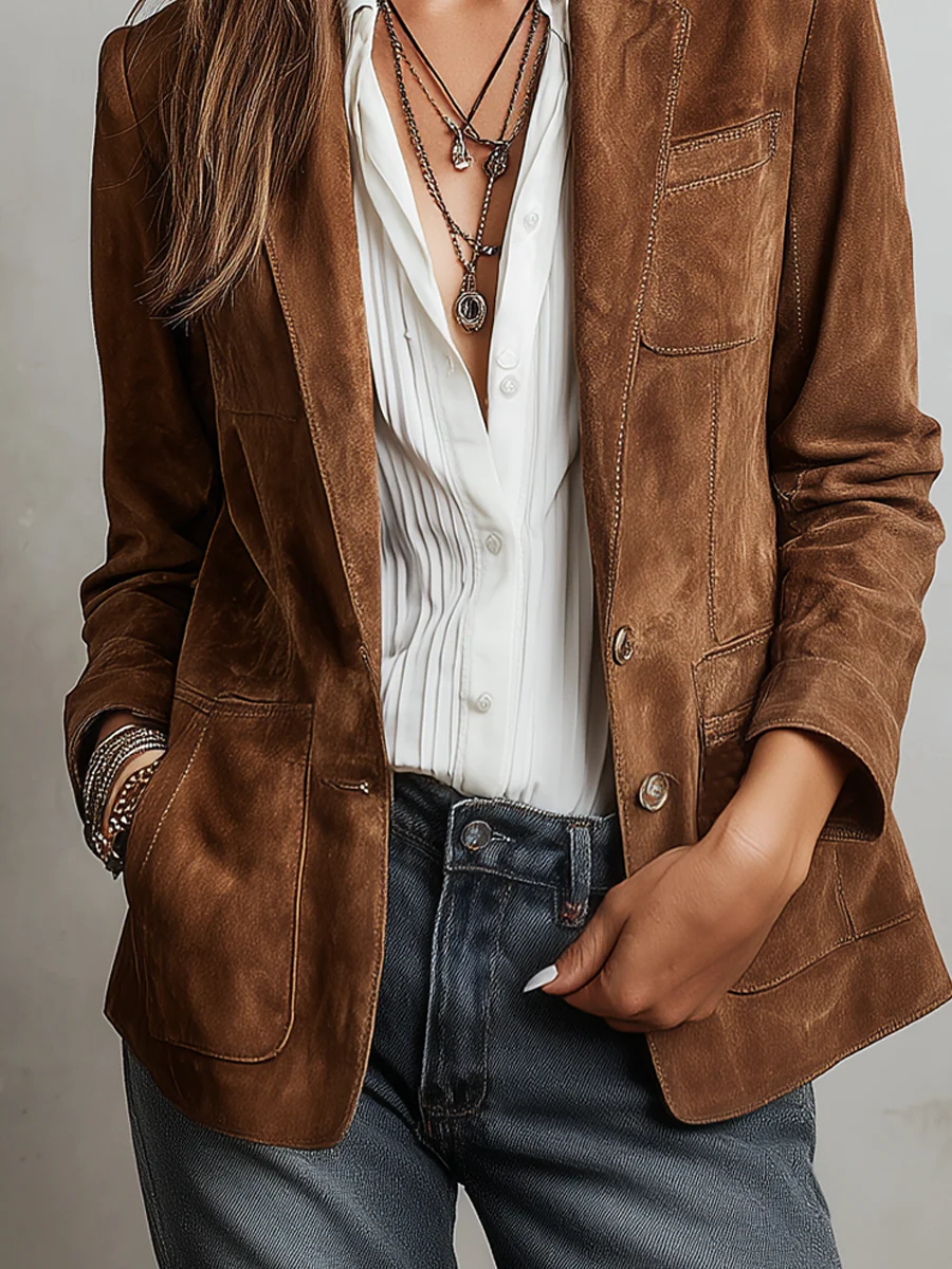 Chaqueta de Ante Vintage Mujer – Costuras Contraste