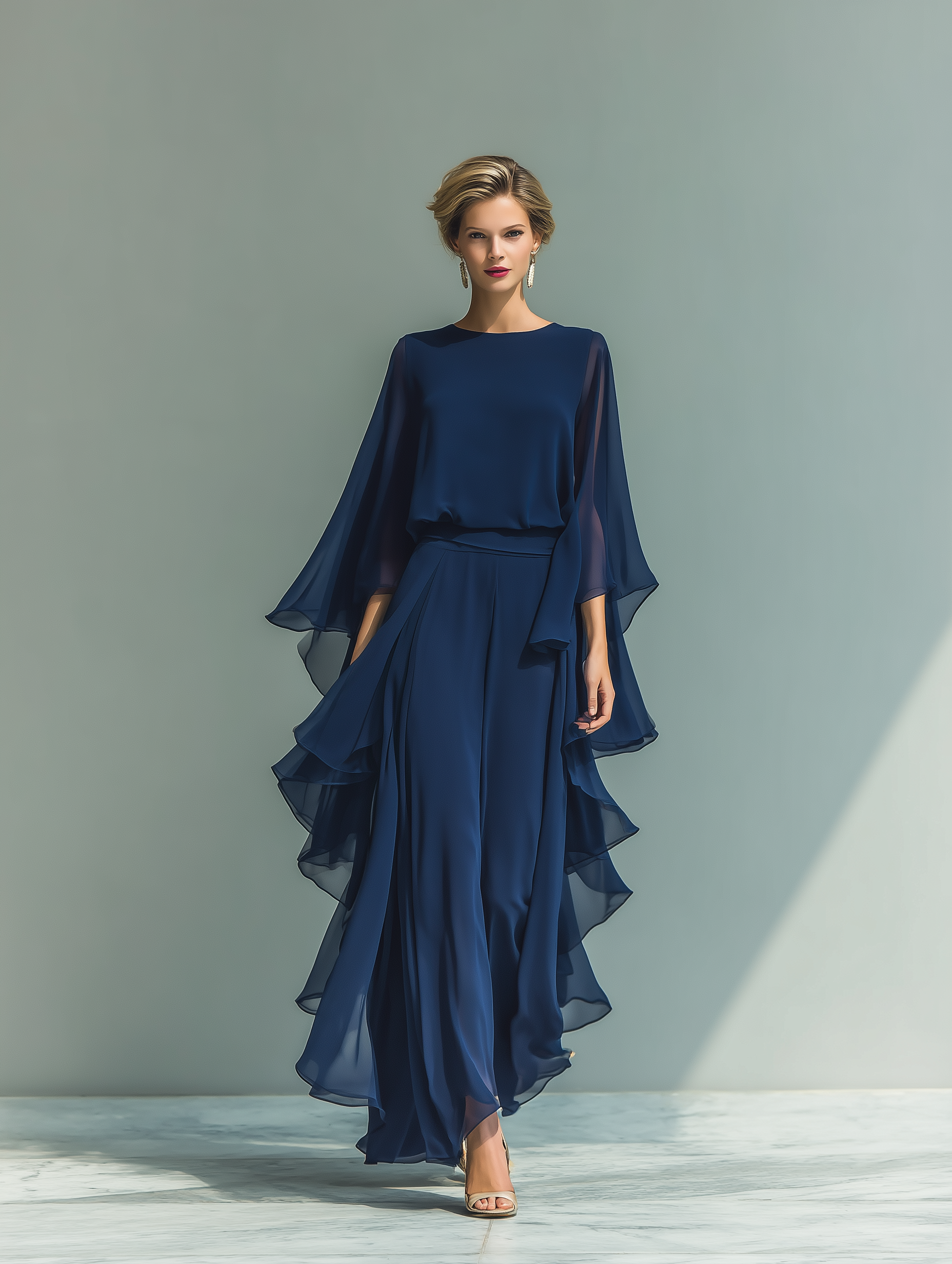 Margherita | Conjunto de Gasa Azul Marino con Mangas Acampanadas