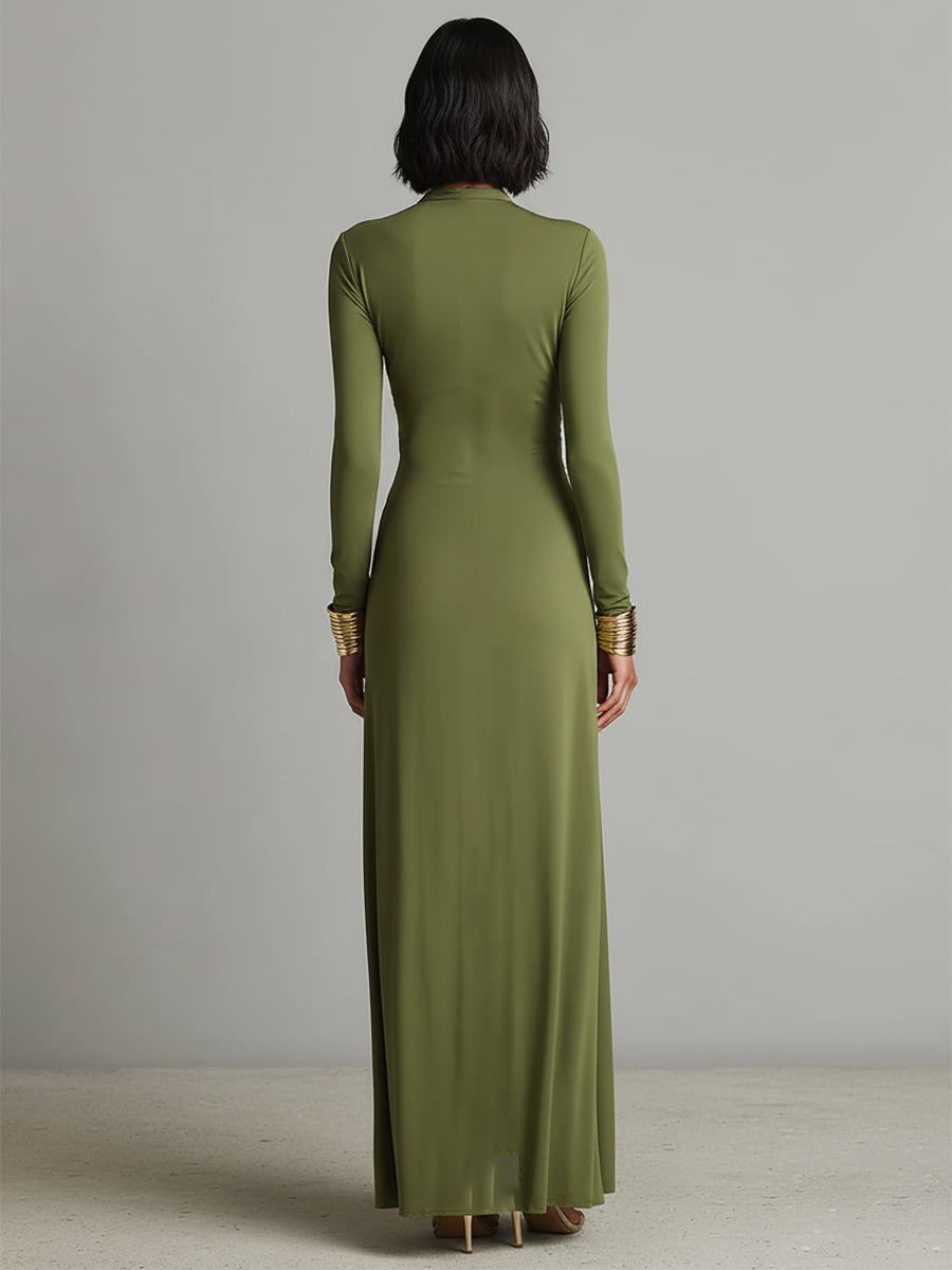 Vittoria | Vestido Largo de Seda Verde Oliva con Escote en V Profundo