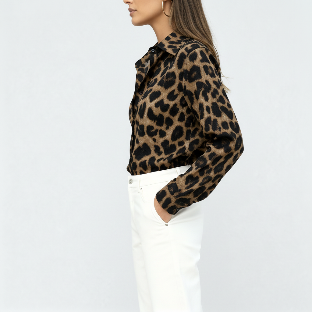 Camicia a maniche lunghe con stampa leopardata e fibbia