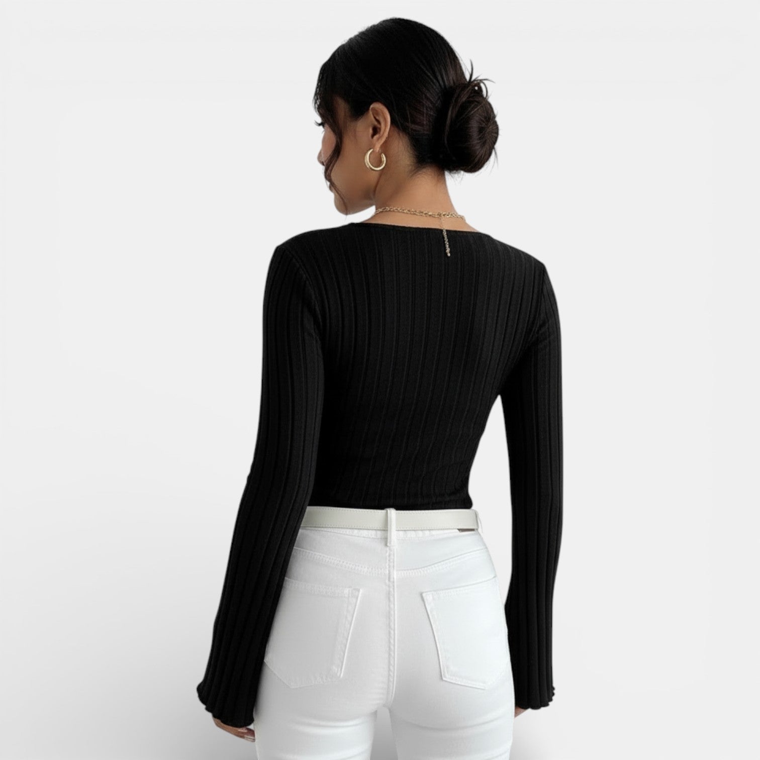 Maglietta Donna a Costine Scollo a V Maniche Lunghe