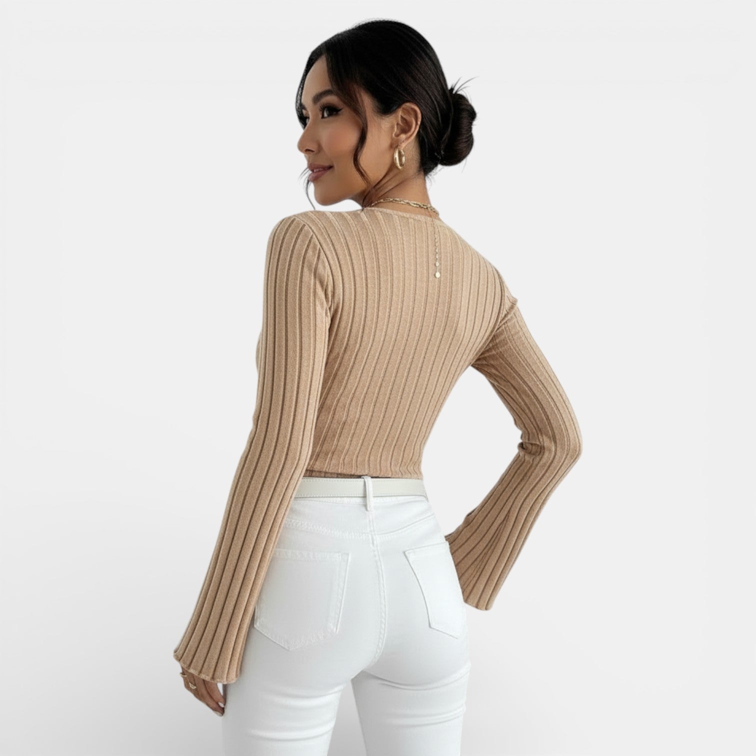Maglietta Donna a Costine Scollo a V Maniche Lunghe