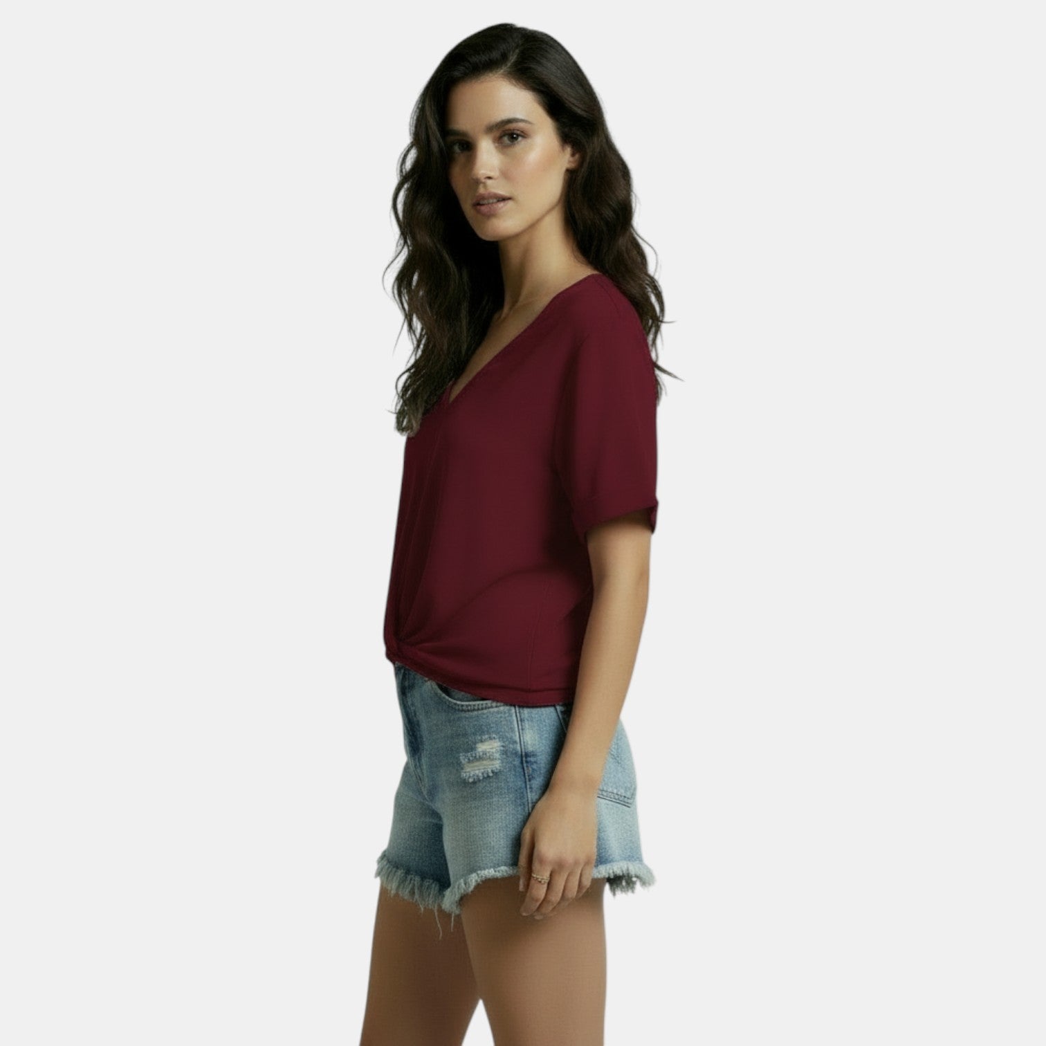Maglietta Donna Scollo a V Nodo Irregolare Casual Chic
