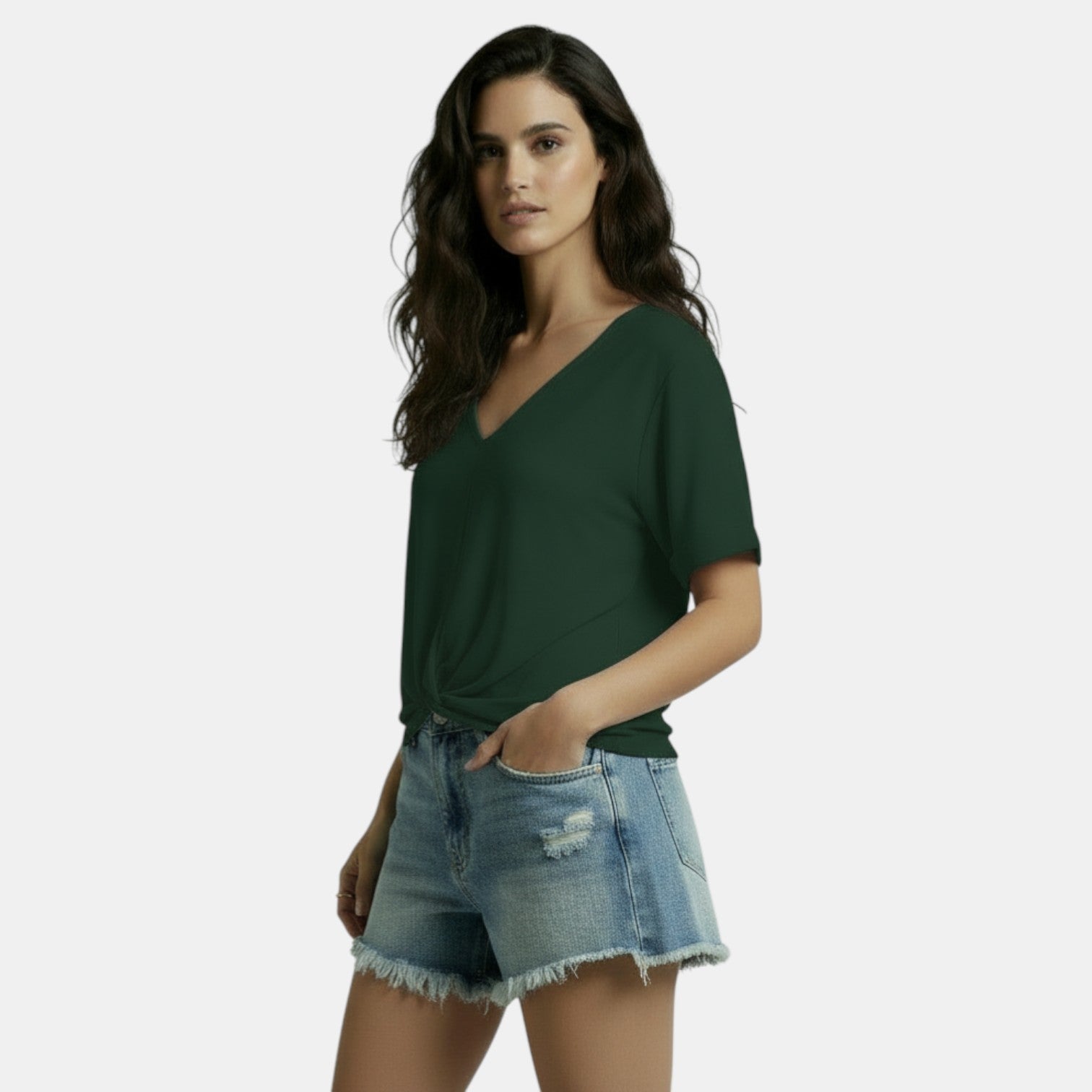 Maglietta Donna Scollo a V Nodo Irregolare Casual Chic
