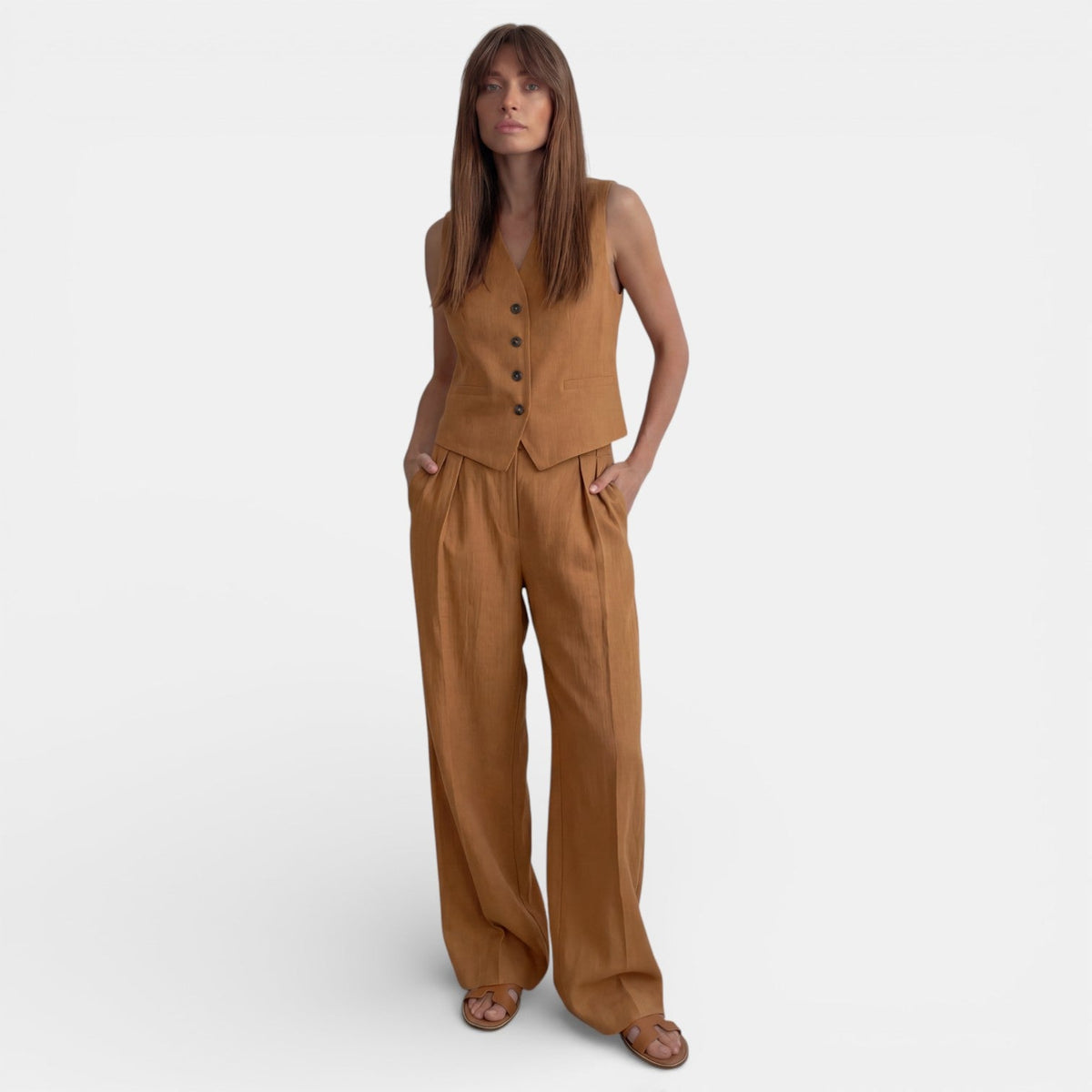 Traje Conjunto de Lino Mujer Cintura Alta Plisado