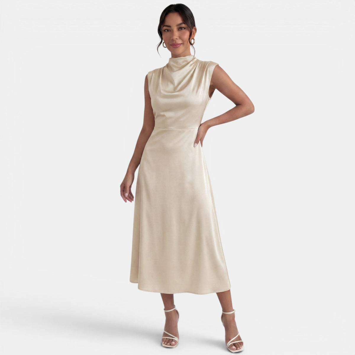 Vestido Midi Elegante Cuello Alto Mujer