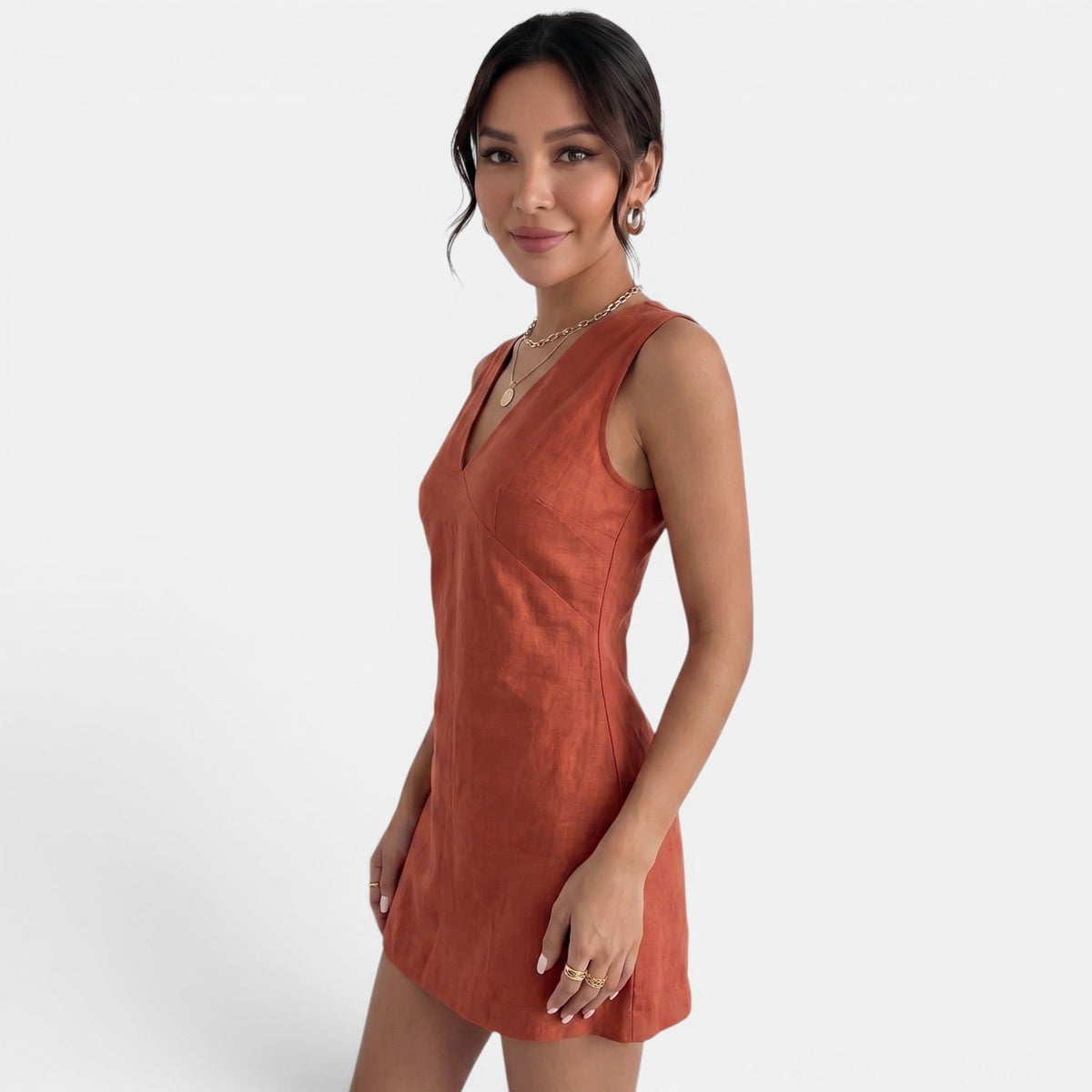 Vestido Corto Verano Escote V Mujer Lino