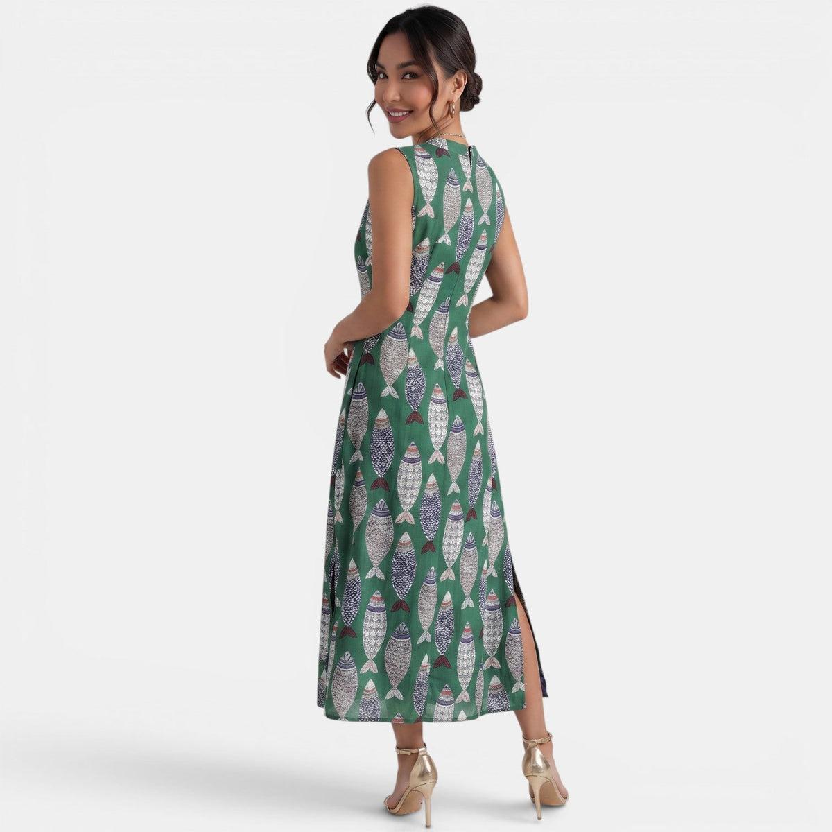 Vestido Lino Verde Midi Mujer Verano