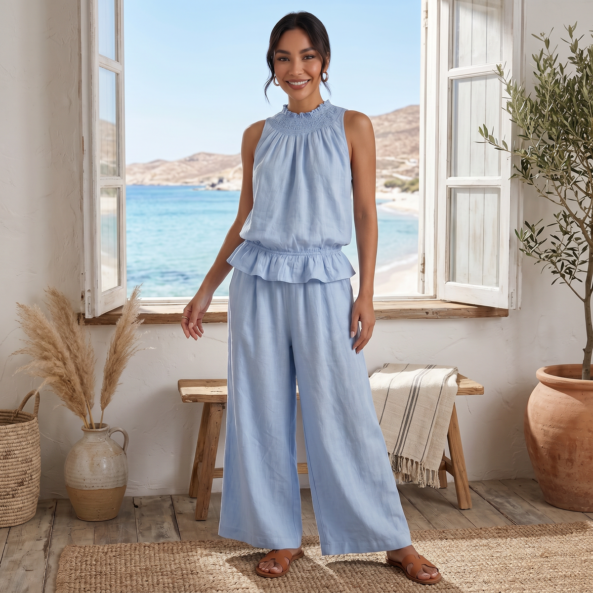 Conjunto Lino Mujer Verano Sin Mangas