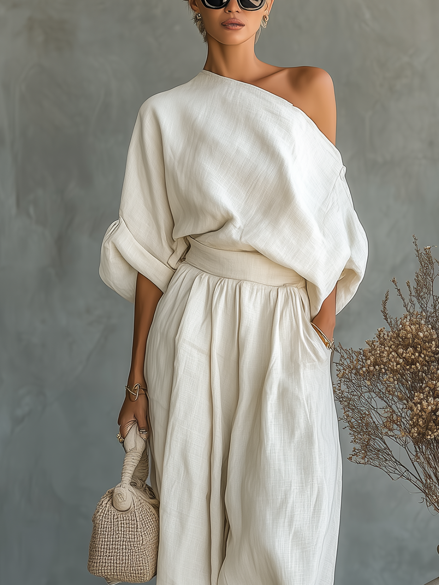 Paola | Conjunto de Lino con Hombros Descubiertos y Pantalón Tapered