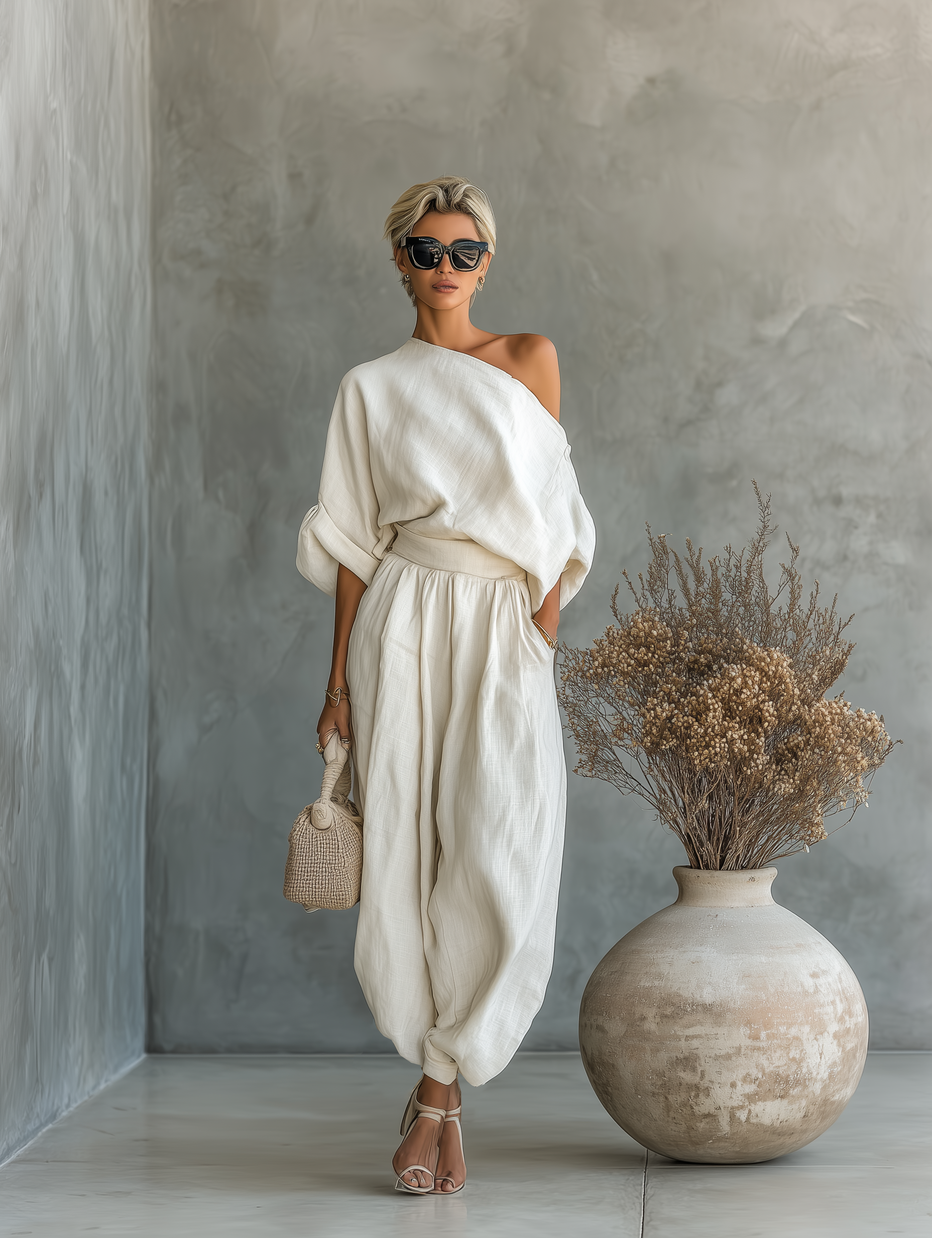 Paola | Conjunto de Lino con Hombros Descubiertos y Pantalón Tapered