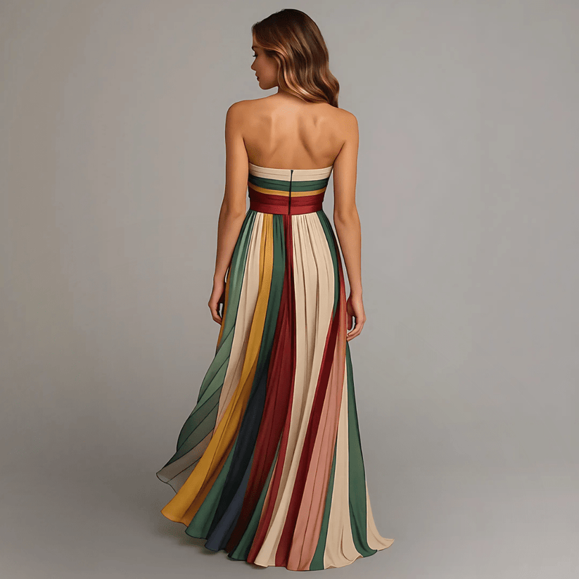 Emma | Vestido Largo de Lino con Paneles de Color y Cuerpo Palabra de Honor