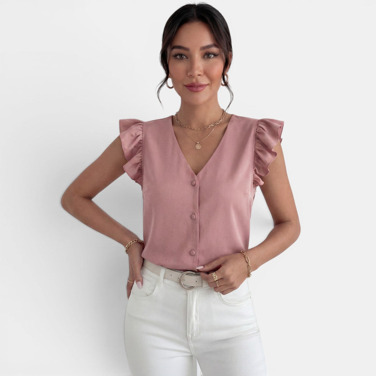 Camisa Mujer Volantes Botones Frontales