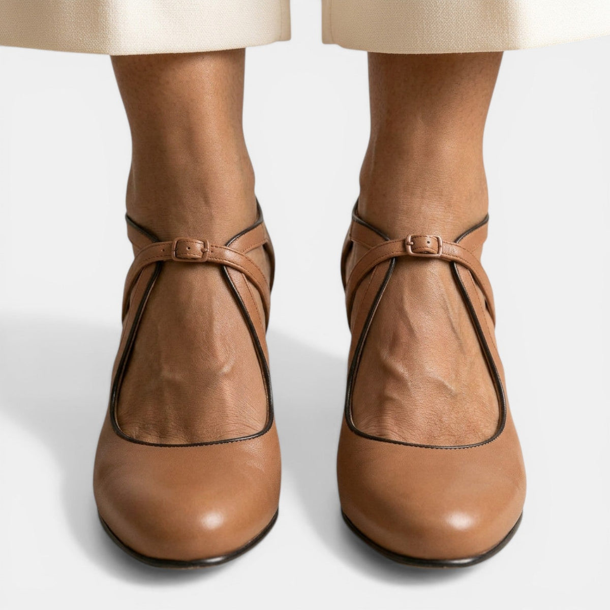 Sandalias T-strap Cuero Tacón Mujer