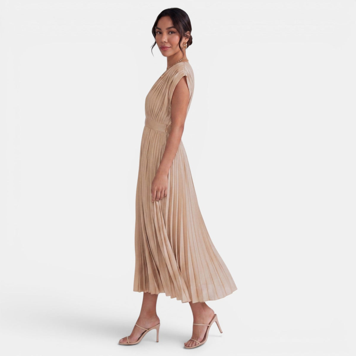 Vestido Midi Mujer Cuello V Plisado