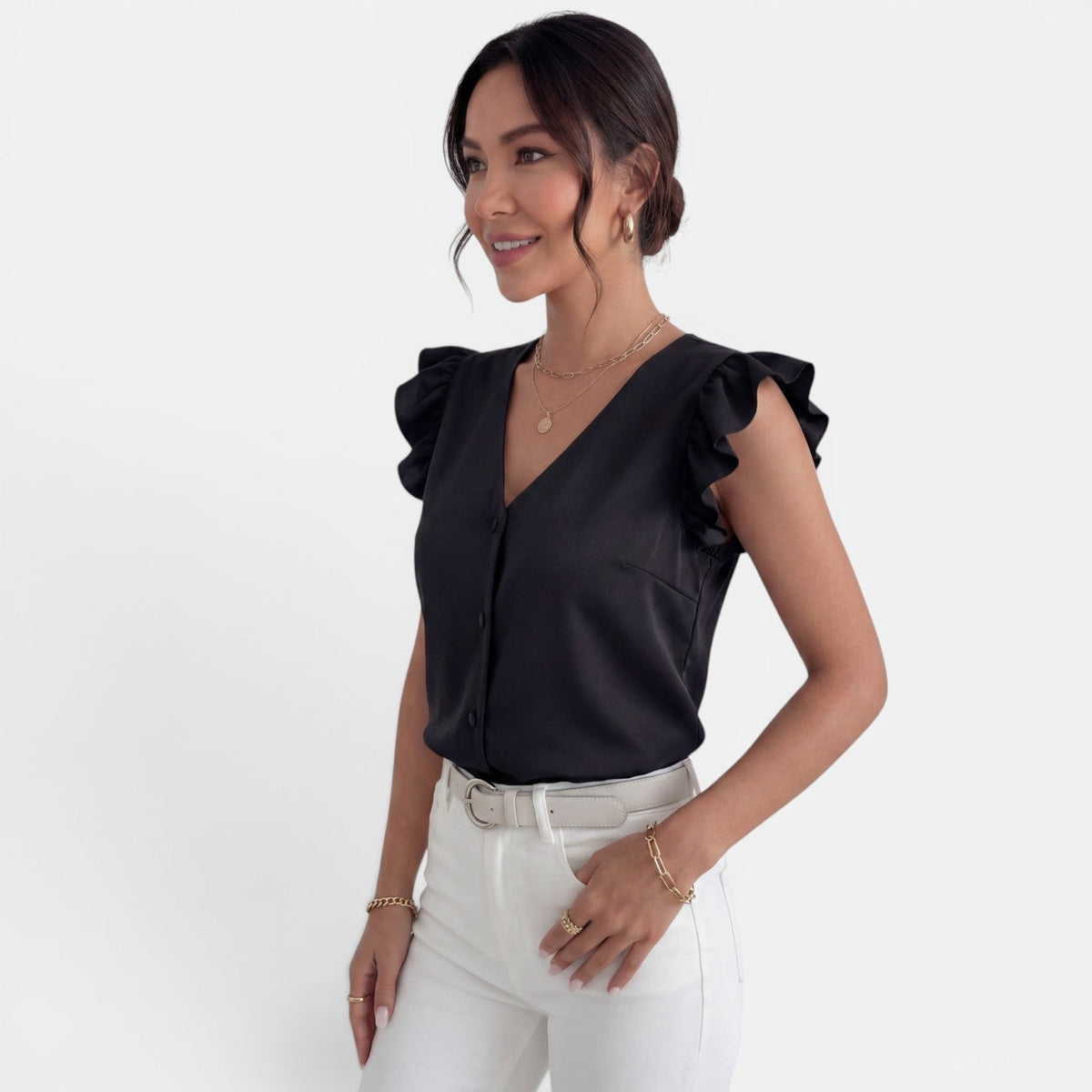 Camisa Mujer Volantes Botones Frontales