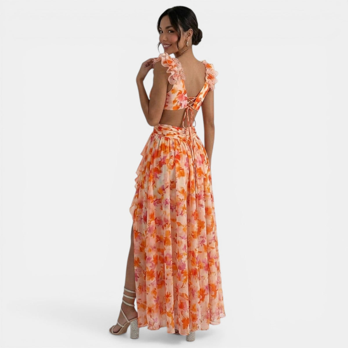 Vestido Floral Maxi Escote V Volantes