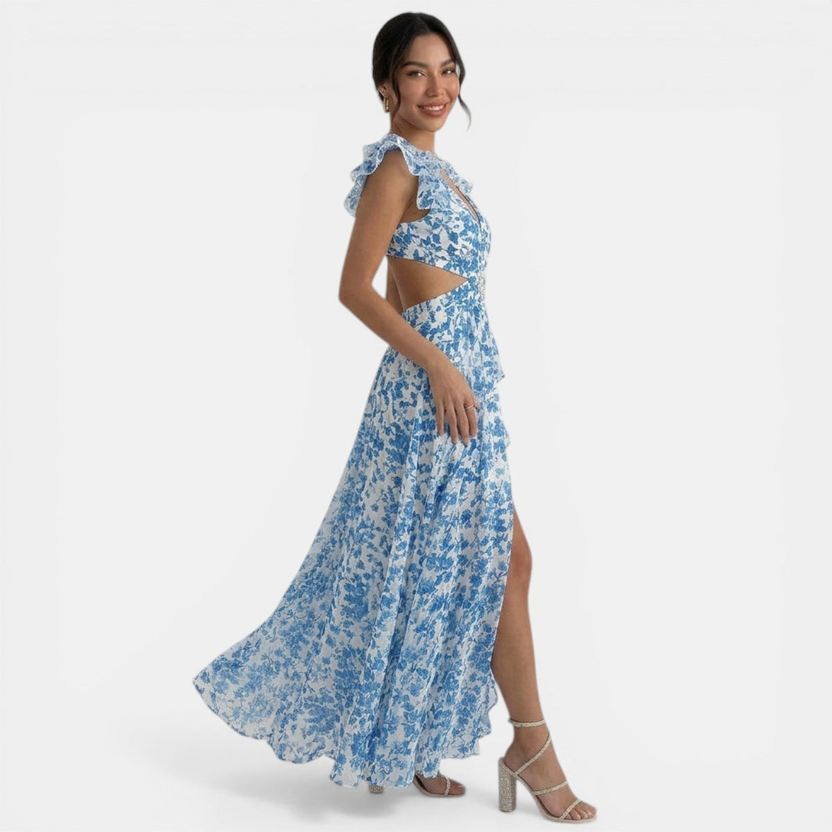 Vestido Floral Maxi Escote V Volantes