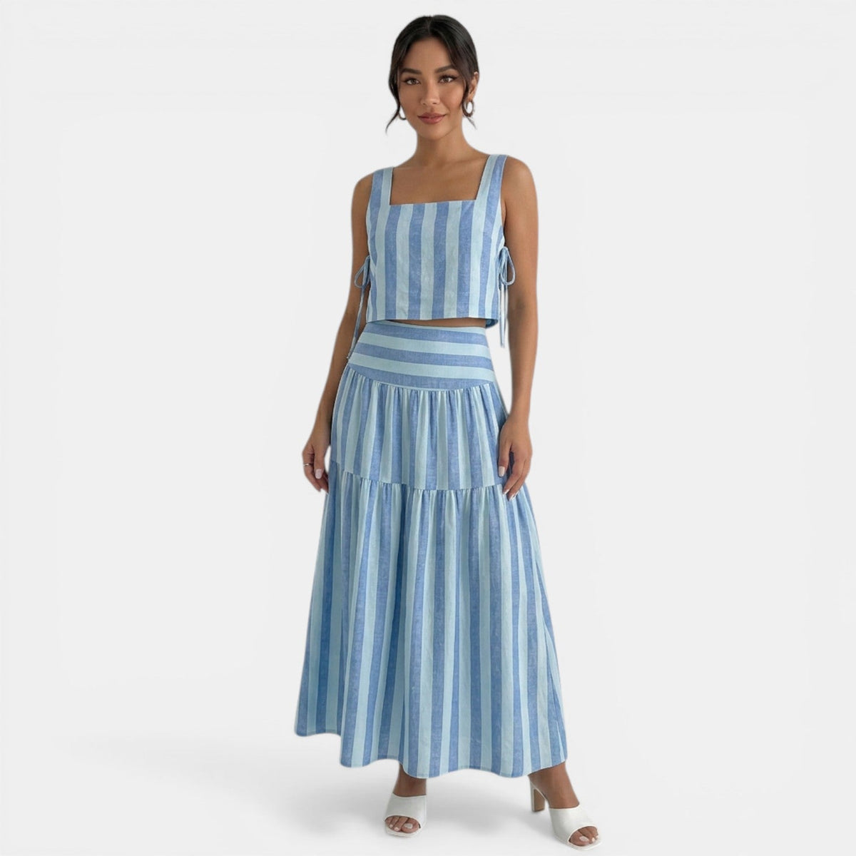 Vestido Rayas Azul Maxi Dos Piezas