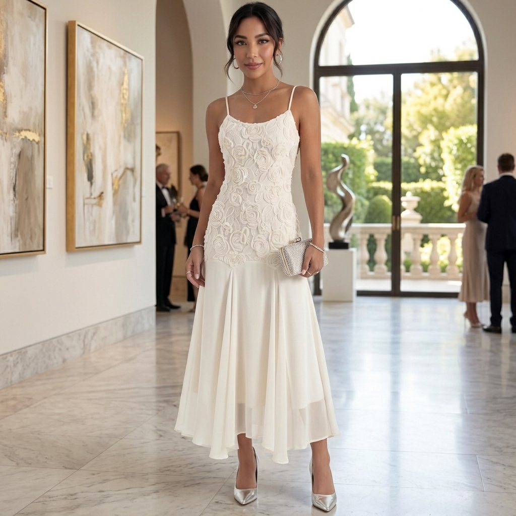 Vestido Midi Beige Bordado Mujer