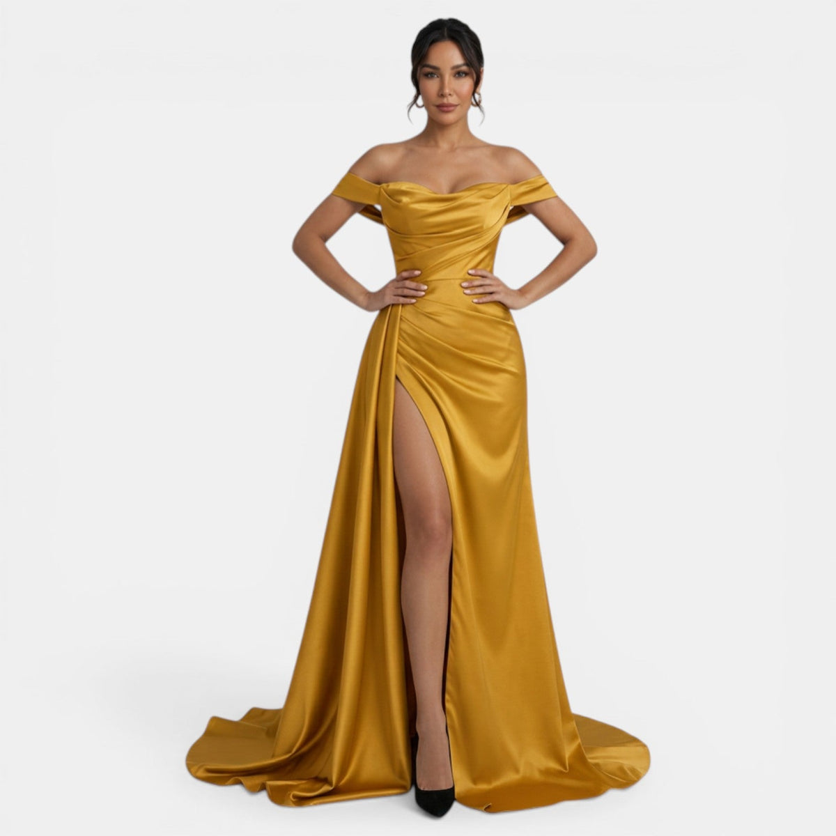Vestido de Fiesta Off-Shoulder con Abertura Alta