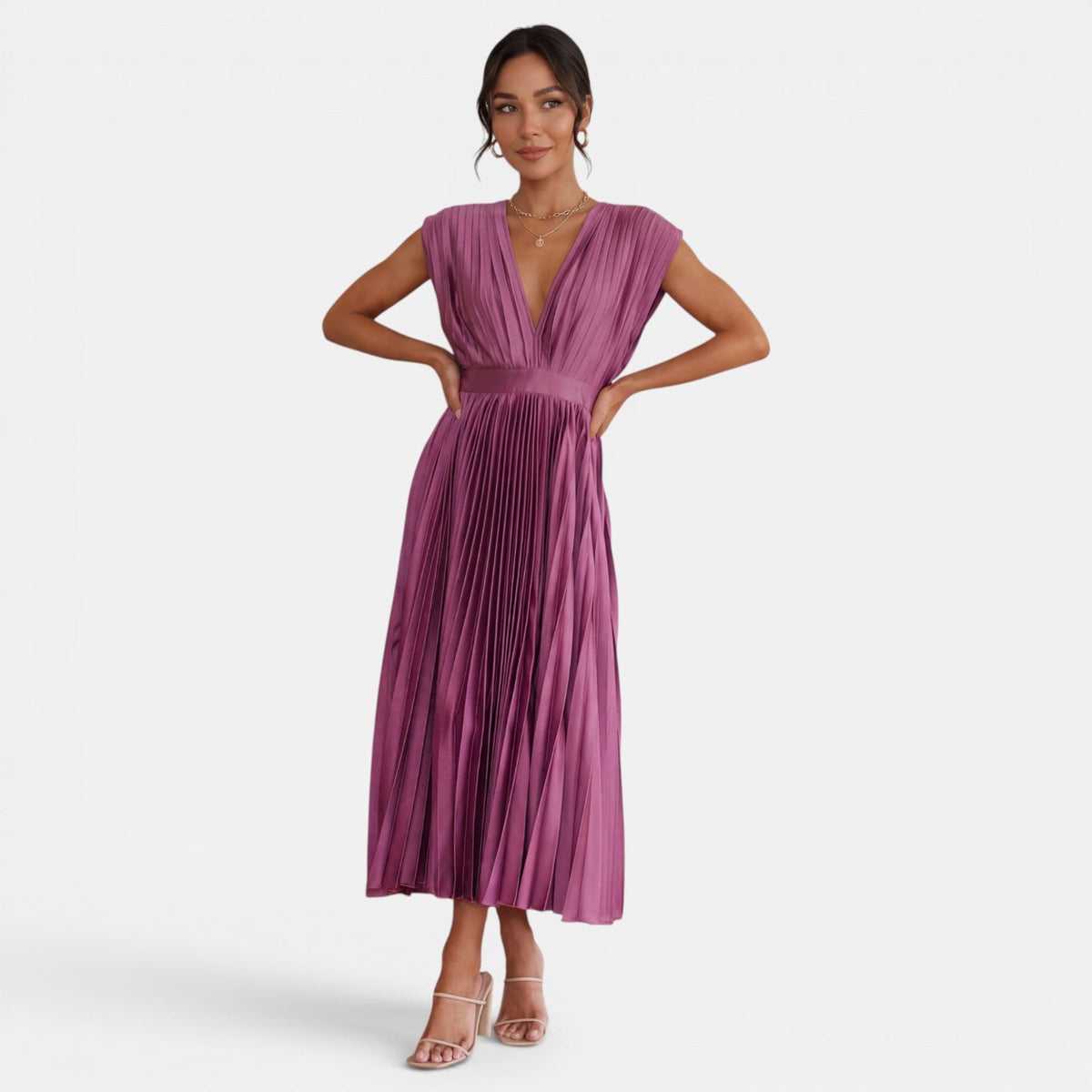 Vestido Midi Mujer Cuello V Plisado